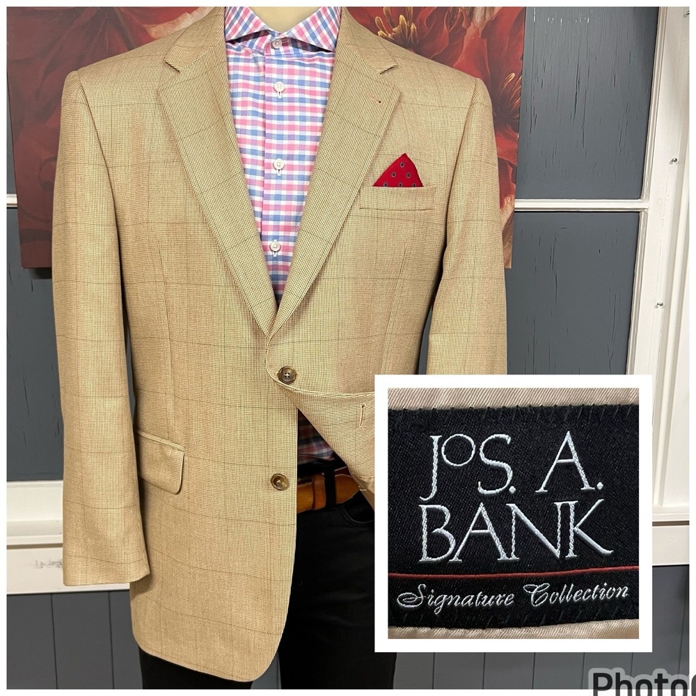 Jos A Bank Blazer Jacket Mens 43R Tailored Classic Fit Silk Camel Hair Beige/Tan
